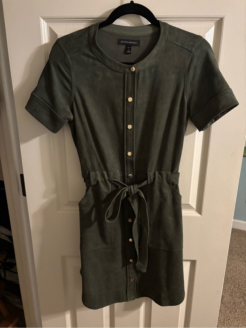 Banana Republic Olive Green Short-Sleeve Button-Up Tie-Waist Dress